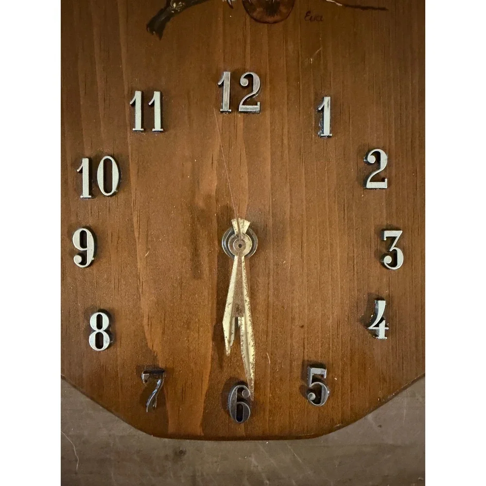 Vintage Hand Painted Owl Wood Wall‎ Clock Signed Eva Rustic Cabin Decor Quartz